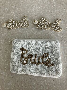 Bride Beaded Pouch and Earring Set - White and Gold
